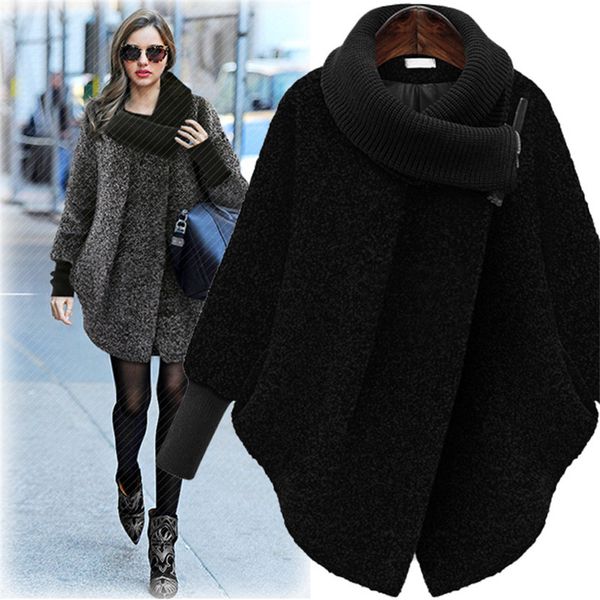 

large size 5xl women's woolen jacket coat 2019 autumn winter wool coat knitted turtleneck thick cashmere cape female jacket, Black