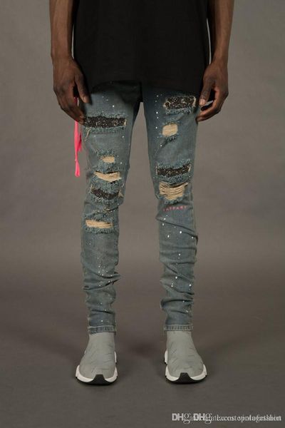 

mens designer jeans fashion holes and rhinestone ornament pencil pants homme zipper fly light washed trousers, Blue