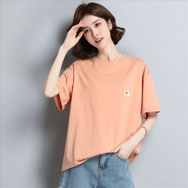 

half sleeve loose large size casual embroidered pullover embroidery pullover short sleeve round collar women's t-shirt women's ins, White