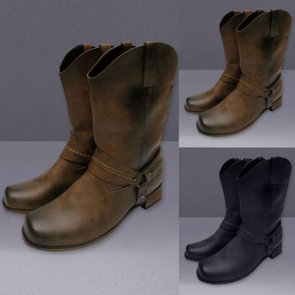 

mens leather boots non-slip slip-on round toe buckle low-heeled shoes lace-up cowboy warm non-slip boots, Black