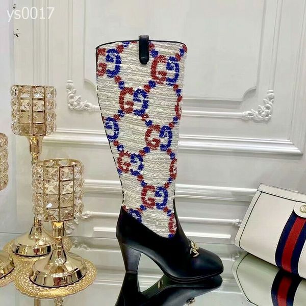 

2020 classic autumn and winter european and american catwalk fashion boots high-heeled square head color matching leather knight boots, Black