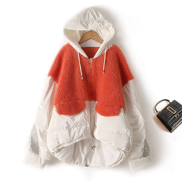 

fashion patchwork down parkas women warm white duck down jacket coat hooded beading splicing fleece winter jackets, Black