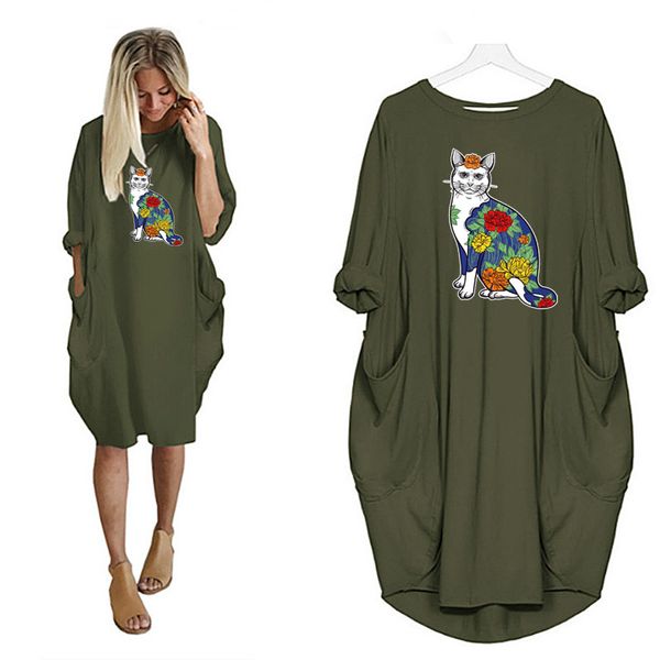 

colorful cats womens designer dress fashion pattern dresses casual womens clothes with pockets girls printing 2020 summer new 6 colors, Black;gray