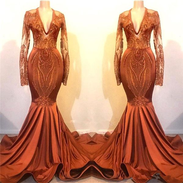 

brown tank deep v neck satin mermaid prom dresses 2019 sheer long sleeves lace applique sweep train formal party evening gowns, Black;red