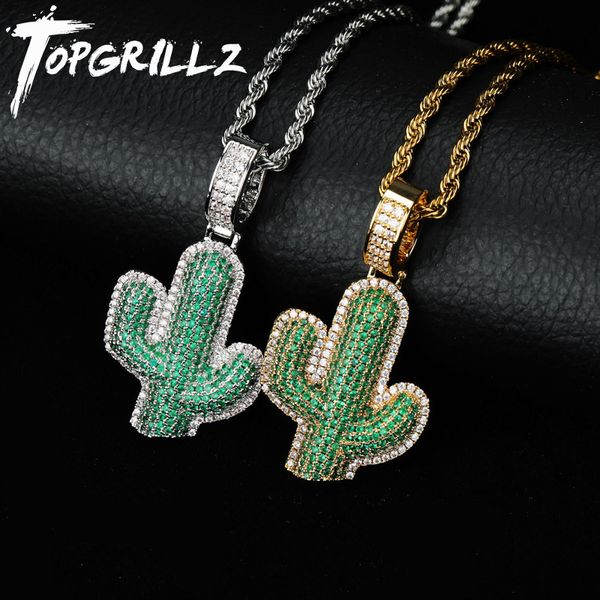 

rillz iced out cactus pendant necklace green cubic zircon men's charms necklace fashion plant hip hop jewelry, Silver