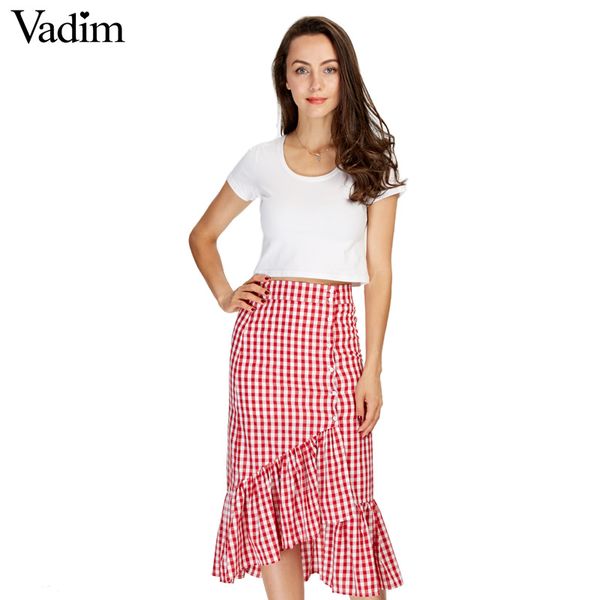 

women sweet ruffles plaid split skirts with lining elastic waist buttons ladies fashion casual mid-calf skirt bsq555, Black;gray