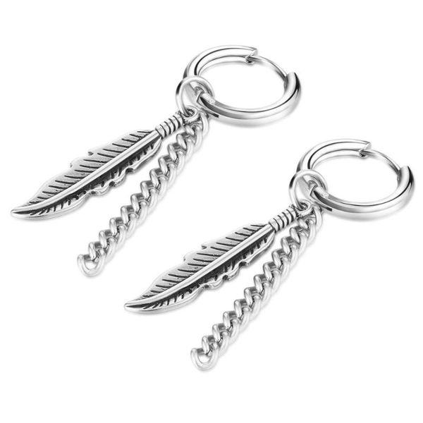 

retro stainless steel feather tassel tiny circle huggies earrings silver color tassel hoops earrings kpop small ear ring jewelry, Golden;silver