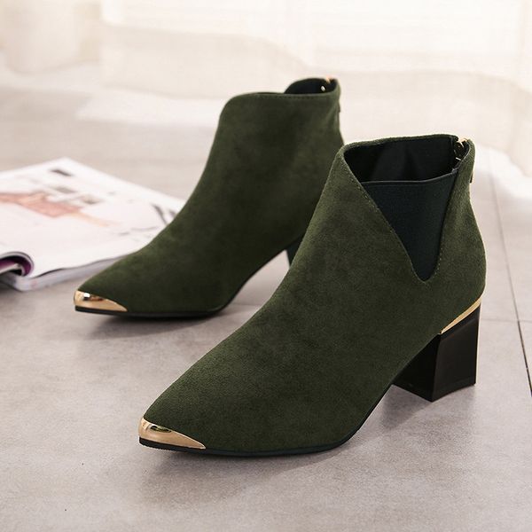

sailing lu thick heel ankle boots women pointed toe med heels casual metal solid creepers shoes fashion ladies pumps xwx7050, Black