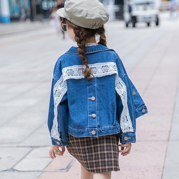 

children lace patchwork denim jackets 2019 spring autumn new loose cowboy coats kids outerwear girls ws1118, Blue;gray