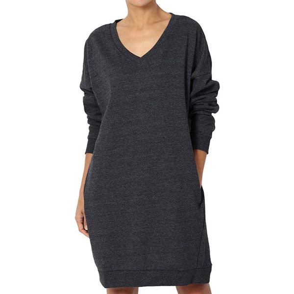 

solid color карман с длинным рукавом платье простой упругие теплая зима весна женщины повседневная мода v-образным вырезом сыпучие прыгун пл, Black