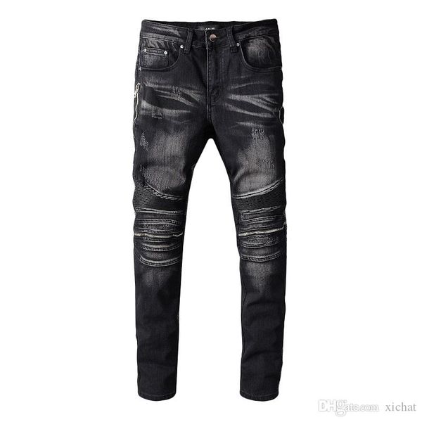 

2019 autumn mens ripped patches skinny blue jeans designer distressed badge slim fit motorcycle biker hole beggar hip hop denim pants 607