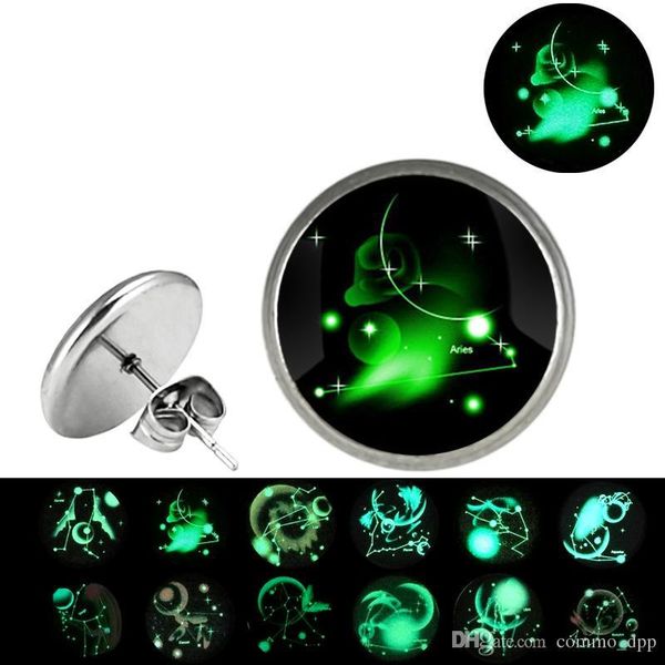 

glow in the dark 12 zodiac sign stud earrings for women glass constellation stainless steel hypoallergenic silver ear rings fashion jewelry, Golden;silver