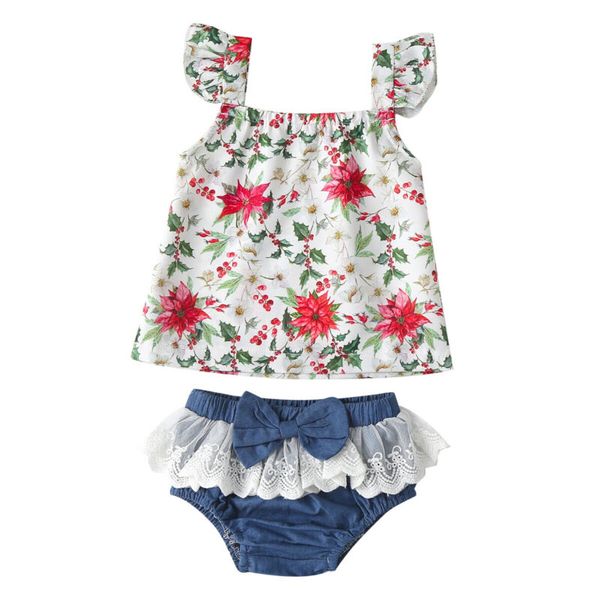 

pudcoco 2 шт. дети baby girl одежда набор рукавов rufffle футболка топ + кружева джинсовые шорты платье летние детские наряды костюм, White