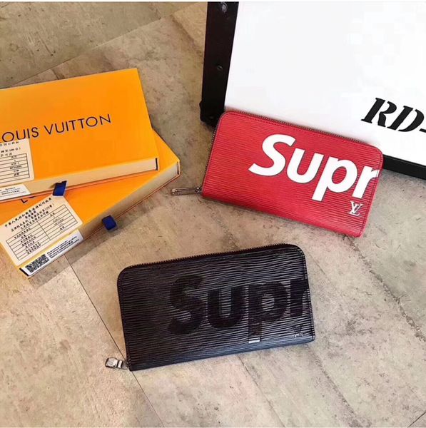 

wholesale 2 colors fashion single zipper designers men women leather wallet lady ladies long purse with orange box card 60017, Red;black