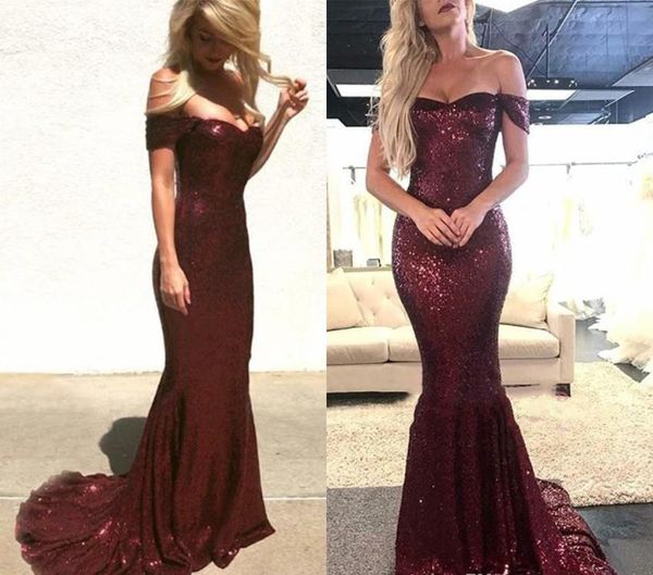 

new burgundy sequined evening dresses 2019 mermaid off shoulders celebrity holiday women wear formal party prom gowns custom made plus size, Black;red