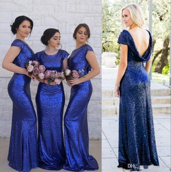 Lindos sexy lantejoulas damas de honra vestidos verão praia sem costas varrer train empregada doméstica de honra os vestidos de sereia capa de manga vestidos de convidado de casamento