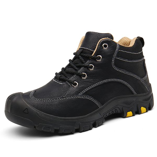 

winter warm men boots genuine leather fur plus snow boots handmade waterproof working ankle men shoes, Black