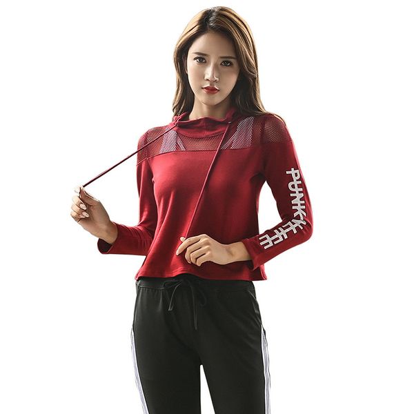 

hooded sports yoga women workout t-shirt running mesh patchwork hoodie fitness pullover training long sleeve sweatshirt, White;black