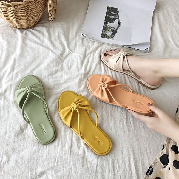 

slippers women summer slides shoes butterfly-knot lady pantofle flat girl 2020 soft rubber pu scandals basic, Black