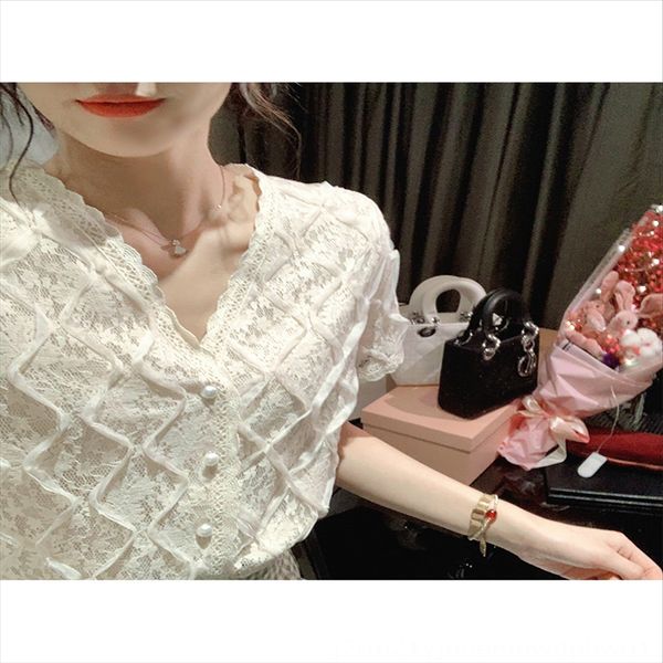 

wo платье 2019 лета lace top тяжелой промышленности кружево рубашки сетка покрой мужской западный стиль базовой рубашка женской темперамент, White