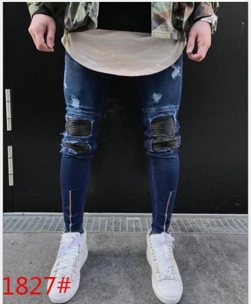 

mens fashion desinger jeans zipper hole slim solid color homme clothing summer hip hop style casual apparel, Blue
