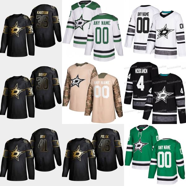 

2019 Golden Edition Dallas Stars 45 Roman Polak 41 Landon Bow 35 Anton Khudobin 30 Ben Bishop Alexander Radulov Esa Lindell Hockey Jersey