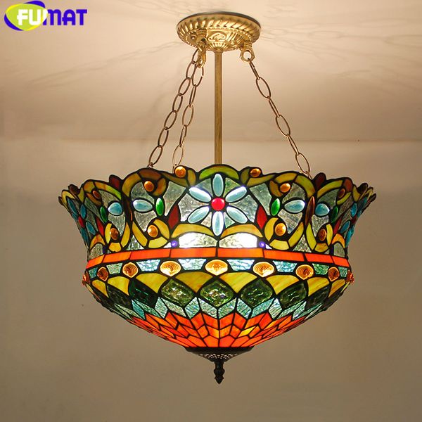 Fumat Tiffany Pendant Lights Flower Led Stained Glass Pendant Lamp Suspension Luminaire Color Glass Living Room Hang Lamp Pendant Ceiling Light