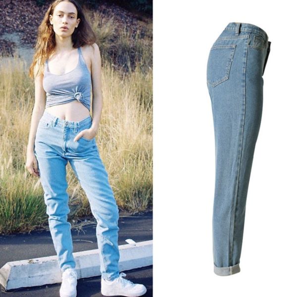

women high waist jeans pockets street wear slim jeans denim pants, Blue