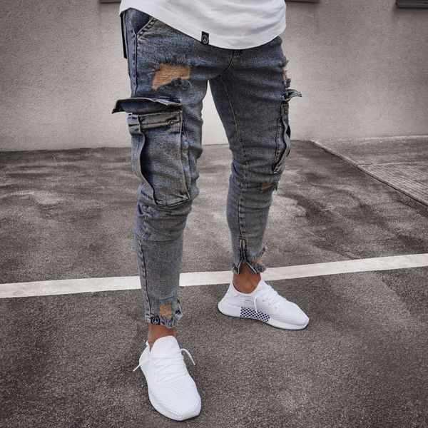 

multi pocket fashion men ripped skinny jeans destroyed frayed slim fit denim pant casual men slim hole zipper balck jeans pants, Blue