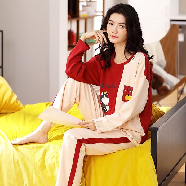 

autumn women pajamas set knitted cotton pijama mujer long sleeve cartoon thin casual soft big size sleepwear homewear pyjamas, Black;red