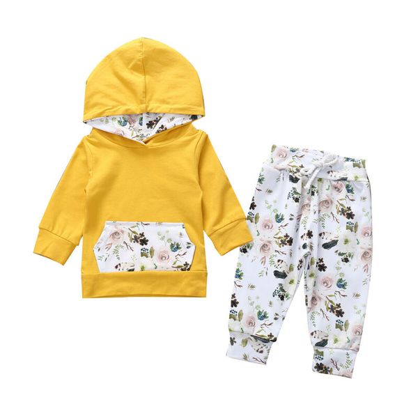 

newborn baby boys girls long sleeve patchwork hoodies t-shirt hooded floral pants outfits toddler clothes set 2pcs, White