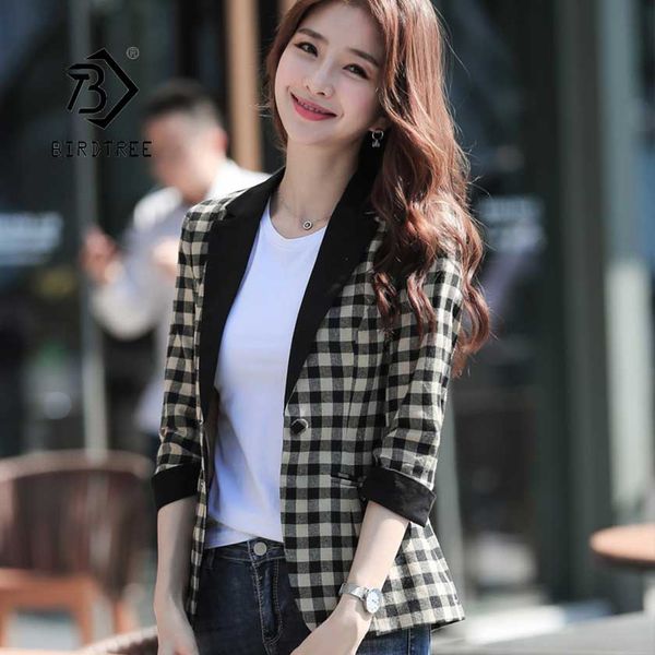 

women's plaid casual blazer three quarter single button notched short coat pocket female 2019 autumn jacket c95903z, White;black