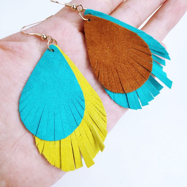 

многослойная натуральная овечья кожа серьги красочные капли воды кисточкой серьги мода кожа ювелирные изделия женщины аксессуары поставки пр, Silver