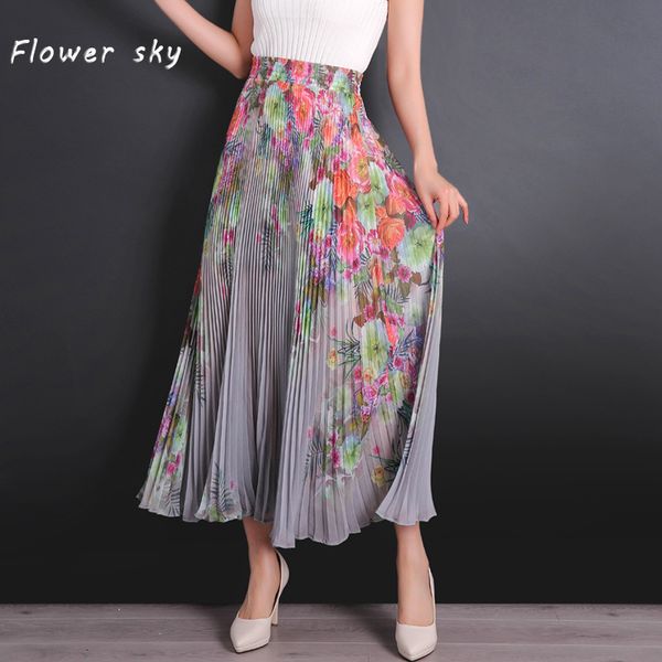 

flower sky casual accordion pleated skirts womens spring summer new fashion chiffon long skirt elastic high waist skirt women, Black;gray
