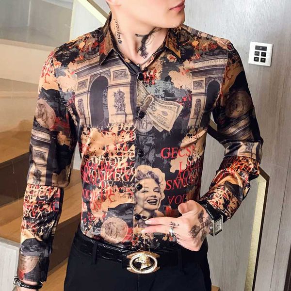 

2020 ropa de hombre gold mens printed dress shirts casual autumn shirts mens club designs camisa social slim fit, White;black