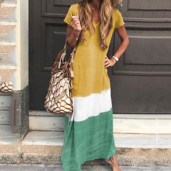 

plus size new station hit color short sleeve dress large size long dress loose women maxi summer beach dress vestido de festa, Black;gray