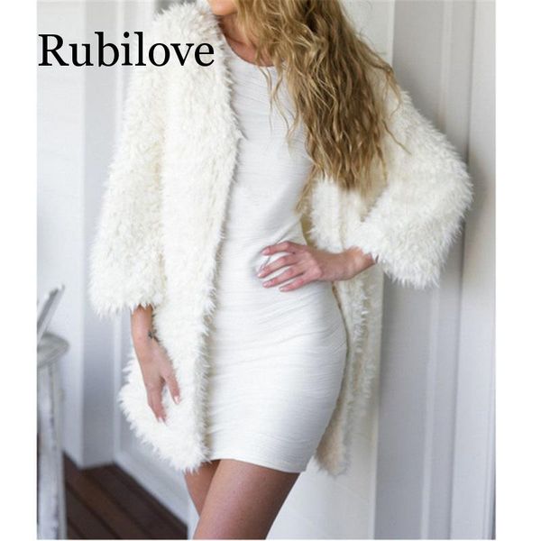

rubilove lady's faux fur white loose coat wide waisted v neck long sleeve outwear jacket coat sweater women clothing 2019, Black