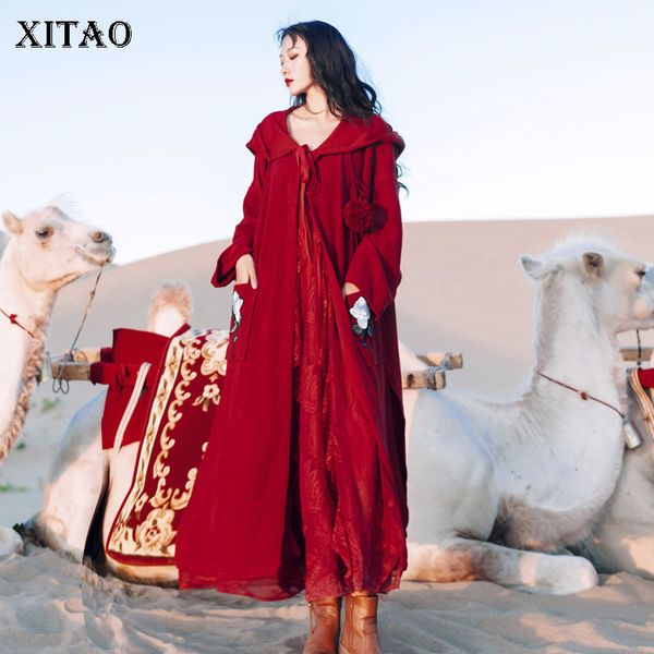 

xitao vintage hooded long coat women red oversized trench coat for women tourist taking p clothes 2020 new xj3393, Tan;black