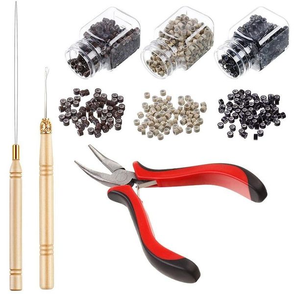 

hair extension kit pliers pulling hook bead device tool kits with 500pcs silicone lined micro rings, Black