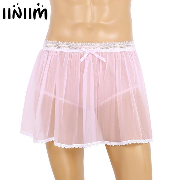

men adults exotic lingerie briefs elastic lace waist see through sheer ruffled underpants sissy crossdress short skirt panties, Black;brown