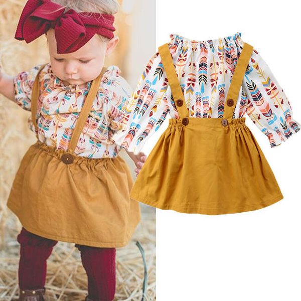 

toddler kids baby girls outfits clothes t-shirt +strap dress skirt 2pcs sets, White