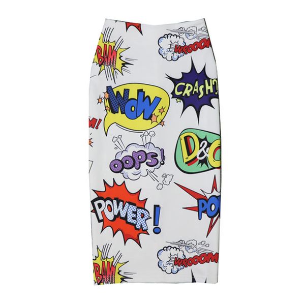 

women's cartoon print skirt summer pencil skirt letters graphic high waist slim midi tube skirts lady female bodycon falda sp606, Black