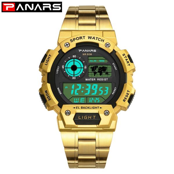 

panars men's digital watches man sports electronic clock gold alloy strap 50m waterproof chronograph luminous wrist watch male, Slivery;brown