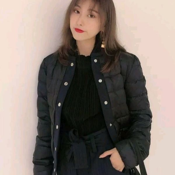 

women down jacket solid color single breasted o neck patchwork snap button lady warm jacket with pockets for winter, Black