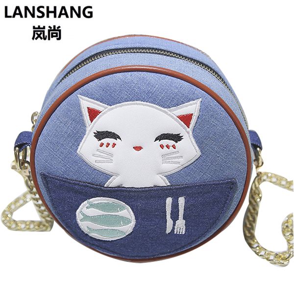 

circular shouder bag for women 2018 summer denim cat small round messenger bag cartoon handbag embroidered crossbody dxk35