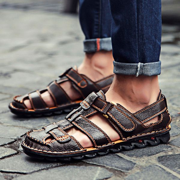 

big size 48 men genuine leather sandals summer classic men shoes slippers soft sandals roman walking footwear beach shoes, Black
