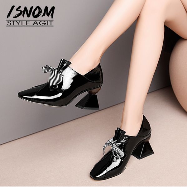 

isnom unusual high heels women pumps square toe butterfly knot footwear patent leather ladies shoes fashion mules shoes woman, Black