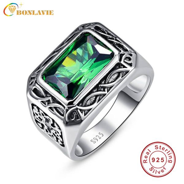 

bonlavie fine 6.8ct nano russian emerald men ring solid 925 sterling sliver jewelry engagement wedding ring for men size 6-14 ly191217, Slivery;golden