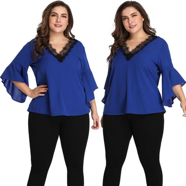 

Plus Size Women's Lace V Neck Long Bell Sleeve T Shirt Blouse Tops Casual Summer