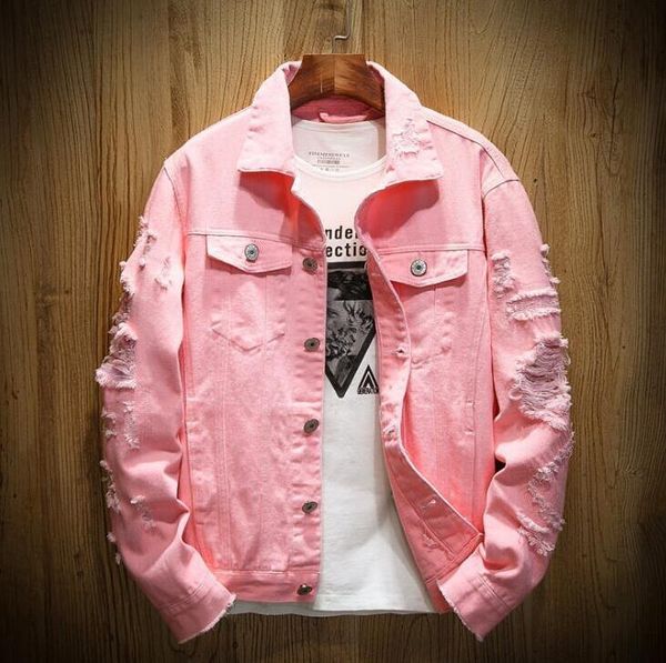 

new designer denim jacket men sweatshirts ripped holes hip hop coat women pink jean jackets new brand garment washed mens denim surcoat, Black;brown